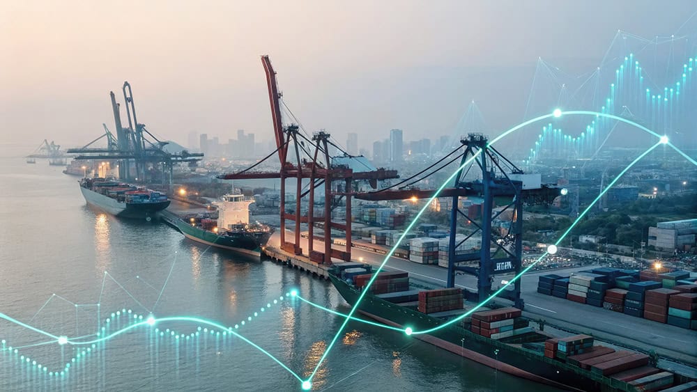 Container ships docked at a busy port with cranes loading containers; digital lines and data points overlay the image, suggesting global trade and logistics analysis.